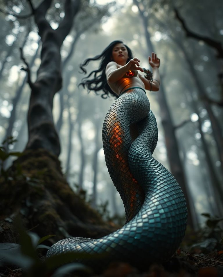 Serpent woman, upper body human female with radiant skin and flowing dark hair, lower body a serpent with iridescent scales, in an ethereal forest. Tilt-shift photo, low angle, dramatic lighting, textured papier-mâ.jpg