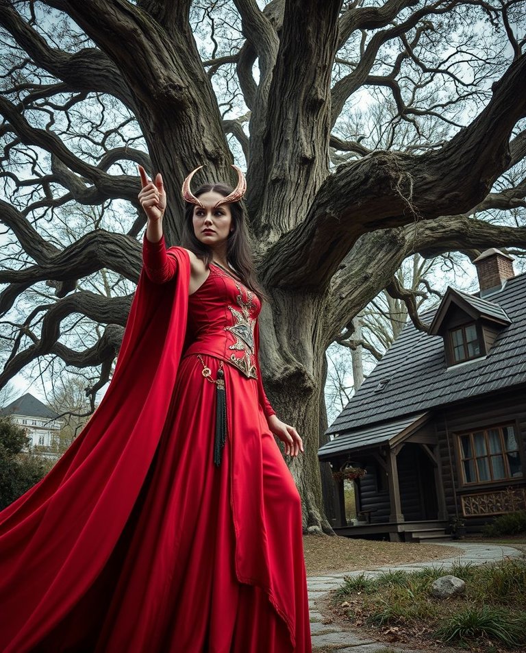 A candid street photography style image depicting a strikingly enigmatic sorceress in a massive scale, heroic pose in a vivid crimson ensemble before a majestic oak tree by a rustic cottage in a modern future urban.jpg