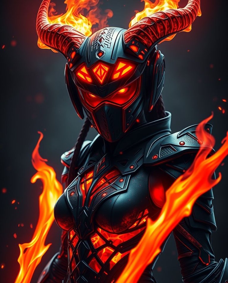 High contrast, low-key lighting, smooth gradient transitions. Futuristic fiery warrior, lava body, feminine features, black and red armor. Menacing visor face, glowing lattice eyes, sharp horns. Fire whips. Dark sc.jpg