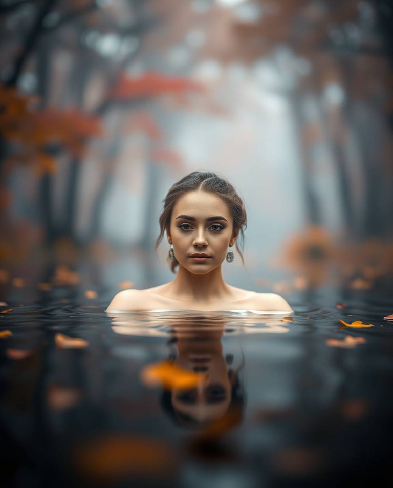 Blurred bokeh effect mystic enchanting environment. An autumn goddess with soft facial features glides across a tranquil lake in a serene forest of muted red, amber, and yellow tones.  The sharp focus on the goddes.jpg