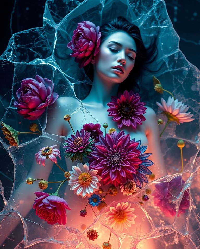 An ethereal female figure, pale skin, is dynamically frozen in translucent, cracked ice, adorned with crimson, violet, azure, and gold flowers.  Peonies, dahlias, lotuses and meadow blossoms show intricate detail. .jpg