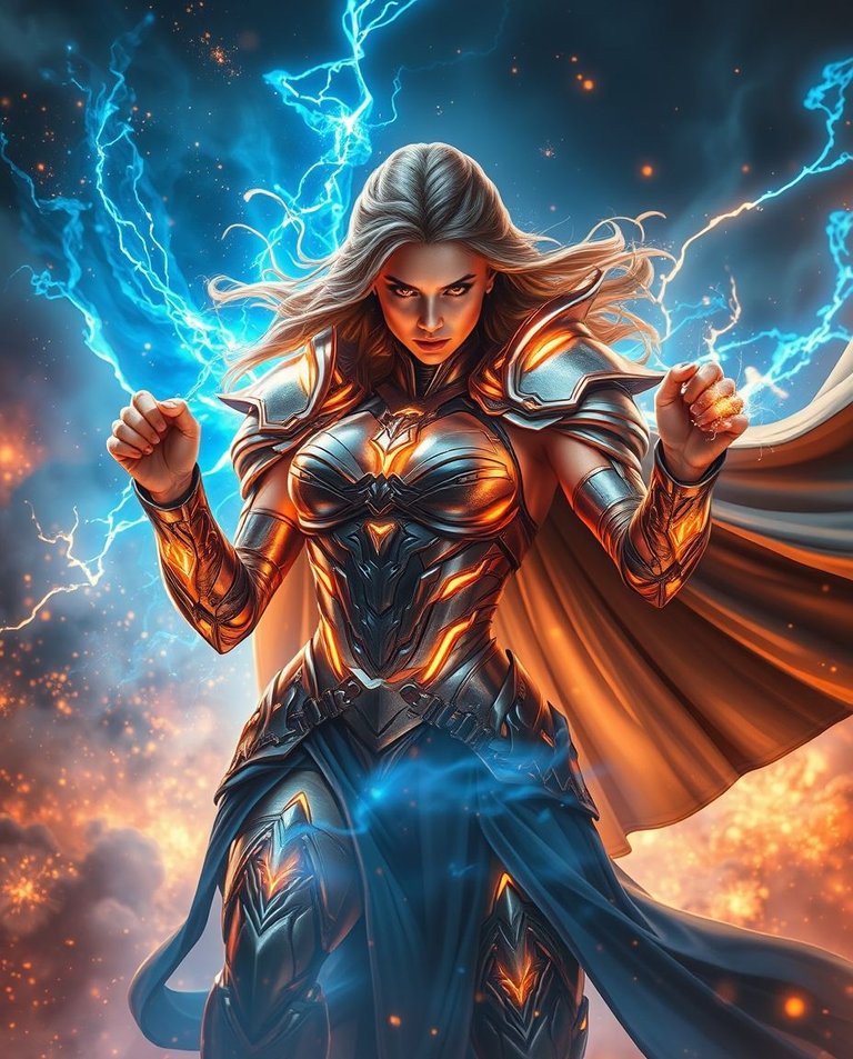 Warm golden glow, dynamic motion. Majestic warrior woman, god-like, amidst glowing blue energy storm. Futuristic armor, luminous energy veins. Intense eyes piercing cosmic mist. Powerful stance, clenched fists crac.jpg