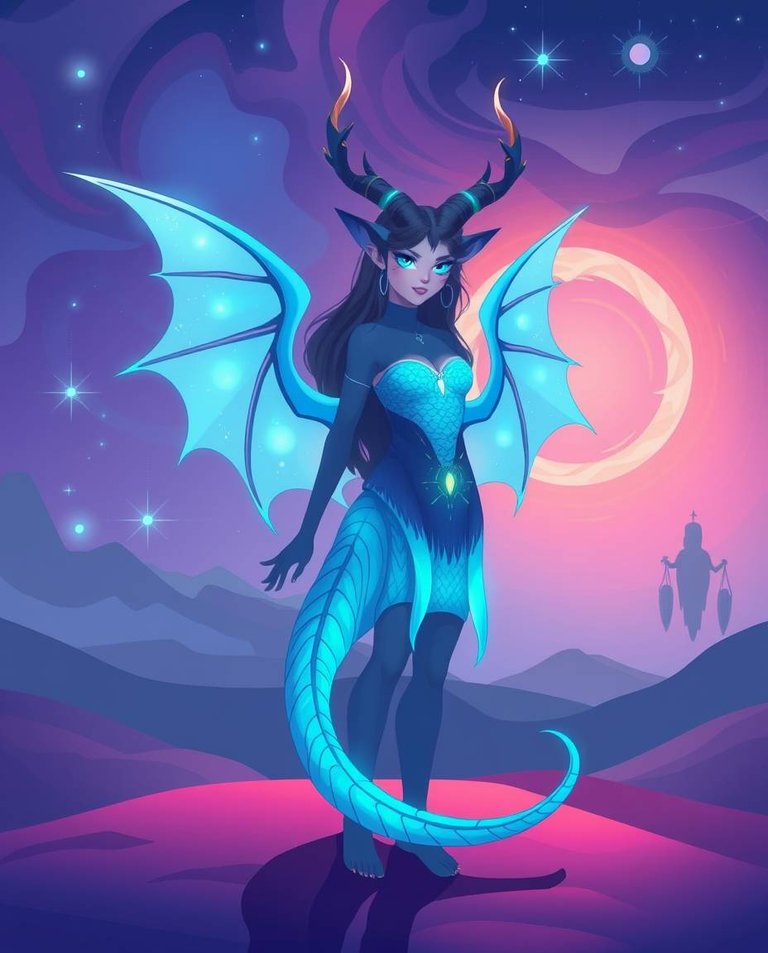 A modern flat design illustration of a bioluminescent creature a woman with mesmerizing blue eyes, dragon wings, feline tail, antelope horns. Simple two-dimensional shapes, vibrant colors, shimmering scales, soft f.jpg