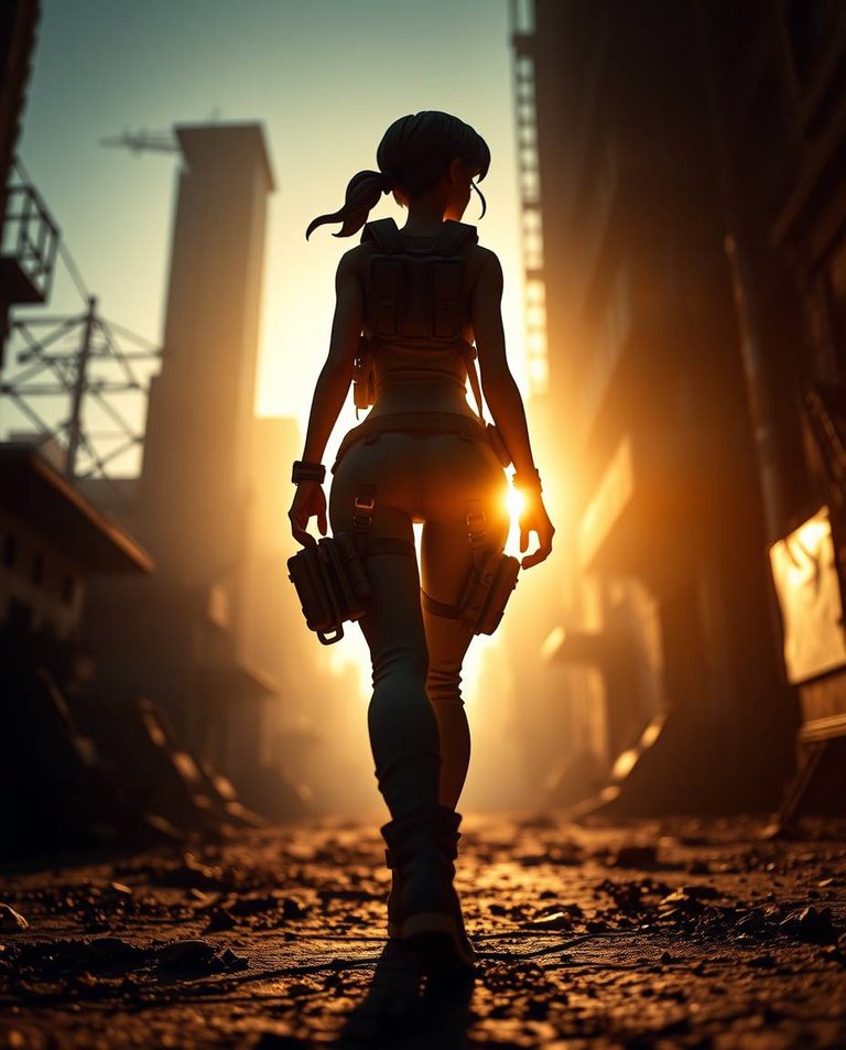 A cinematic photo, low angle perspective, sculptural clay art style, silhouetted backlighting.  The adventurer, with a slender waist, wears a fitted jumpsuit, pouches, and backpack, striding through a desolate, pos.jpg