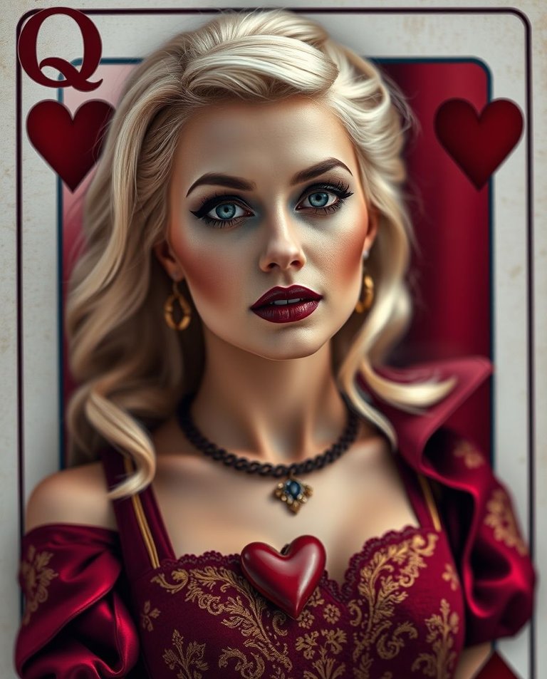 High-resolution macro close-up of a Queen of Hearts card in dark burgundy boudoir style. Blonde queen with dark lipstick, burgundy hearts, card deck patterned burgundy and gold dress, small subject detail, commerci.jpg