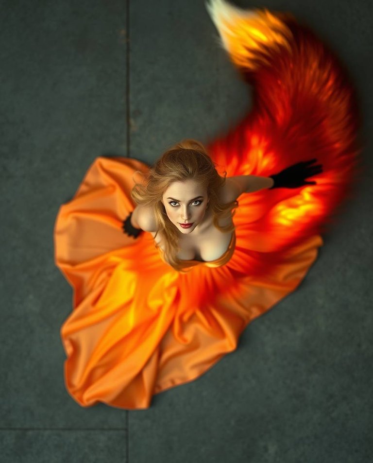 Overhead bird’s eye view, a woman transforming from a fox, fiery red and golden fur seamlessly shifting into a flame and silk gown.  Her amber eyes glow, a luminous tail trails behind her.  Long silky golden hair c.jpg