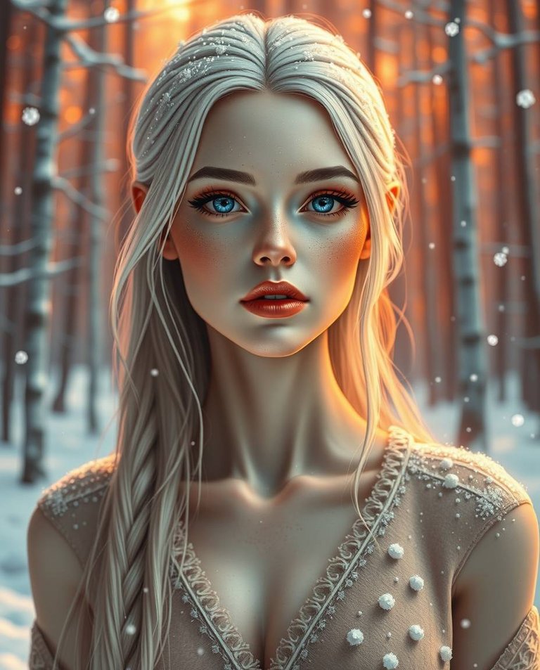 Warm futuristic sci-fi style depicts a winter goddess. Tall and slender, she stands in a snow-covered forest. Reds, oranges, and yellows accentuate her icy-blue eyes, triangular face, thin lips, and small nose. Pla.jpg