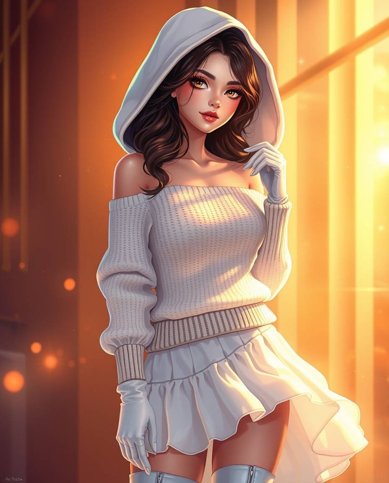 Warm golden glow with glowing bioluminescent colors A full-body realistic illustration of a woman with soft pink lips, long eyelashes, and smooth, hydrated skin. She wears an off-shoulder sweater, elegant white fri.jpg