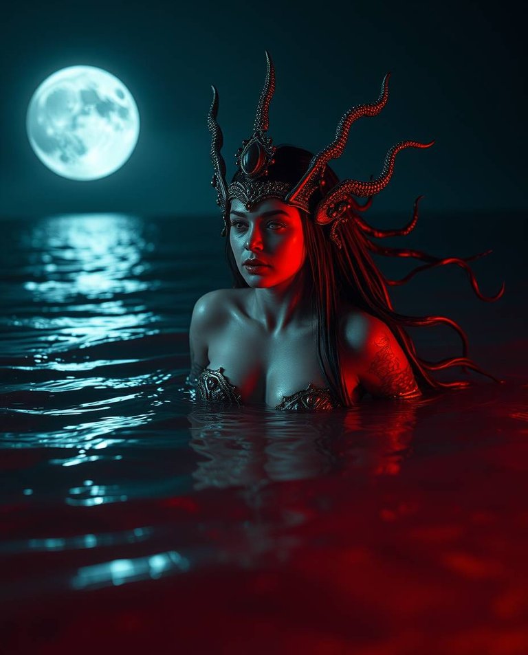 A realistic cinematic photograph of a silver siren mermaid queen, half-submerged in shallow water.  An eerie, creepy atmosphere is created by dark tones, unsettling details, and a palette of reds and oranges, illum.jpg