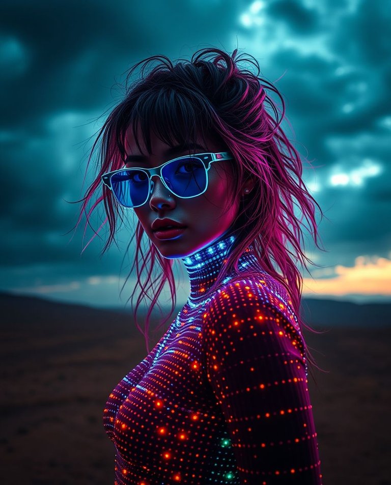 Intense dramatic weather, earth tones. Full body bioluminescent woman with crimson, amber, cyan, and purple highlights, long messy wavy hair, blue sunglasses, looking at viewer. Futuristic retro vaporwave style, de.jpg