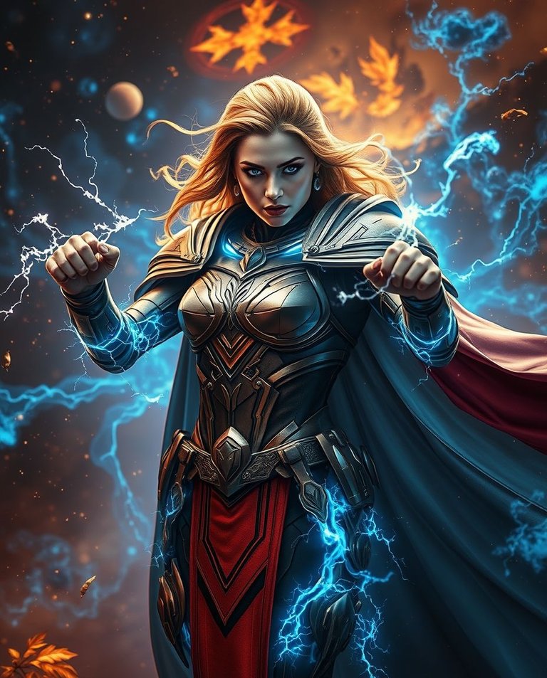 Warm autumn colors, strong hard light. Majestic warrior woman, god-like, amidst glowing blue energy storm. Futuristic armor, luminous energy veins. Intense eyes piercing cosmic mist. Powerful stance, clenched fists.jpg