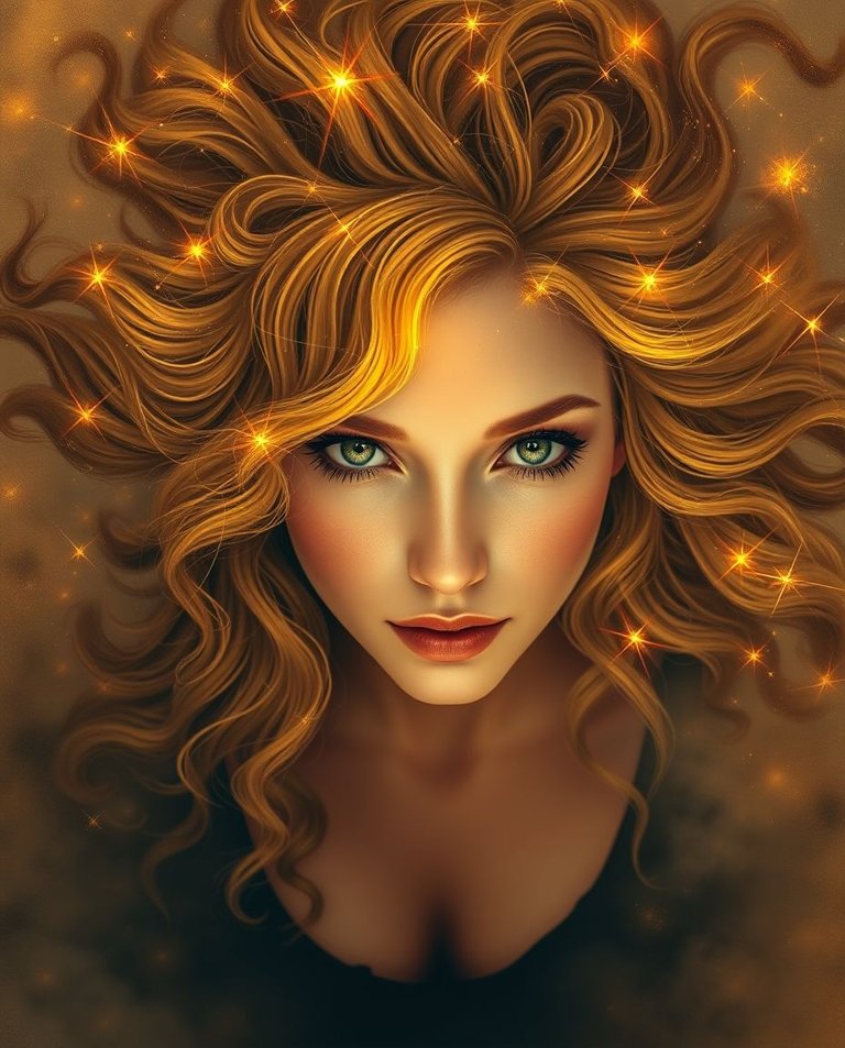 A top-down perspective painting, volumetric lighting illuminating a woman with celestial golden hair, resembling a lion's mane.  The Leo constellation shimmers, bird's-eye view, light beams through dust or fog.jpg