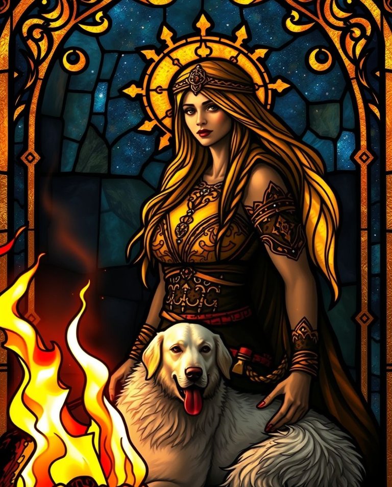 Stained glass artwork, Orthodox Catholic church style.  Warm golden glow, creative light art.  Amazon warrior in dark fantasy setting, elegant hunting outfit with embroidered patterns. Radiant and luxurious aesthet.jpg