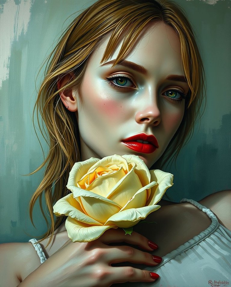 Bold acrylic painting, low angle perspective.  A melancholic portrait of a woman with pale skin, subtle freckles, and honey-blonde hair. She cradles a wilted cream rose. The background is muted greens and blues, wi.jpg