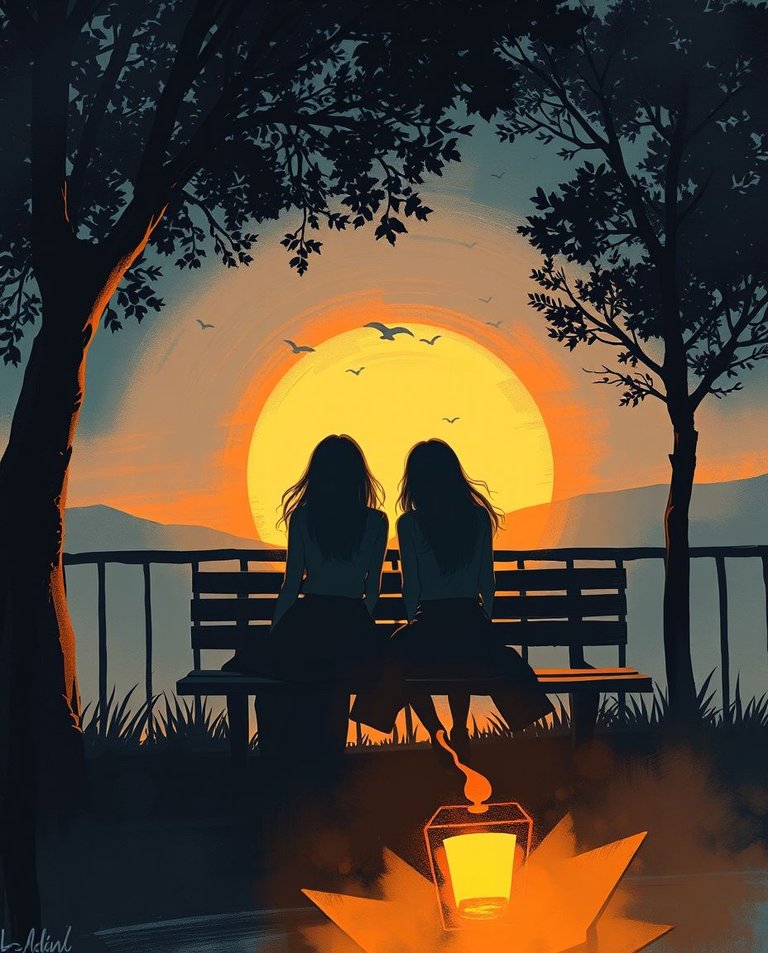 Modern future scene, dynamic digital sketch with loose painterly strokes. Two silhouetted women on a bench, sunset background. Warm candlelight, epic lens glow, misty atmosphere, rich textures, complementary colors.jpg