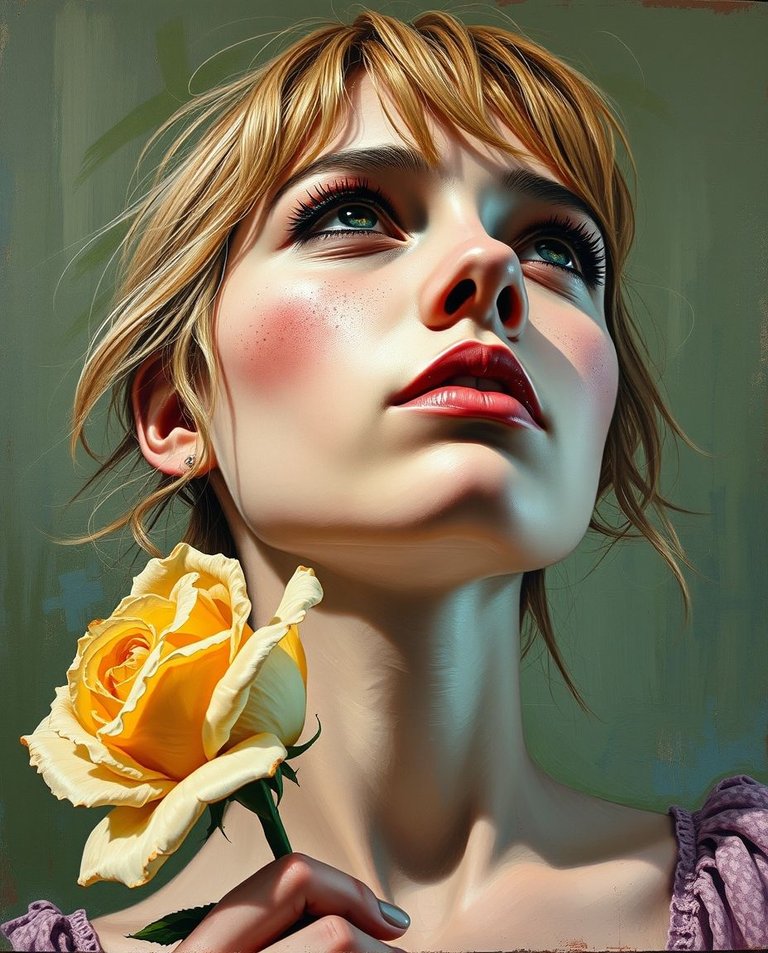 Bold, low-angle acrylic painting  Melancholy portrait of a woman with porcelain skin, subtle freckles, and honey-blonde hair, looking up.  She holds a wilted cream rose.  Vibrant colors and textured brushstrokes cr.jpg