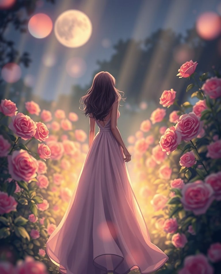 An illustration with a blurred bokeh effect and volumetric lighting, showcasing a woman in a flowing gown walking through a moonlit rose garden.  Visible light beams, sharp subject focus, and soft background.  Rose.jpg