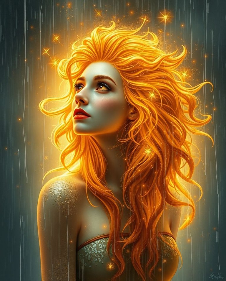 Ethereal spiritual vibe, wet rainy scene painting. A radiant woman with lion’s mane hair, glowing in celestial golds and fiery hues, in the Leo constellation. Drizzling rain, reflective surfaces, light aura, mystic.jpg