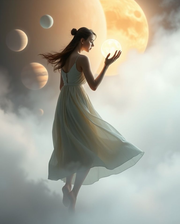 A dynamic, surreal solar system scene rendered in soft pastel colors with blurred lines and thick fog. A woman in a flowing dress, holding a glowing orb, is surrounded by softly defined planets. The thick fog creat.jpg