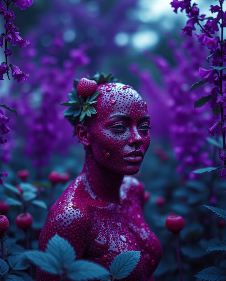 Dreamlike surreal image, deep ultraviolet hues, high contrast, a woman made of strawberry coating in a garden, fantastical elements, vibrant purples, bizarre scene, blurred background.jpg