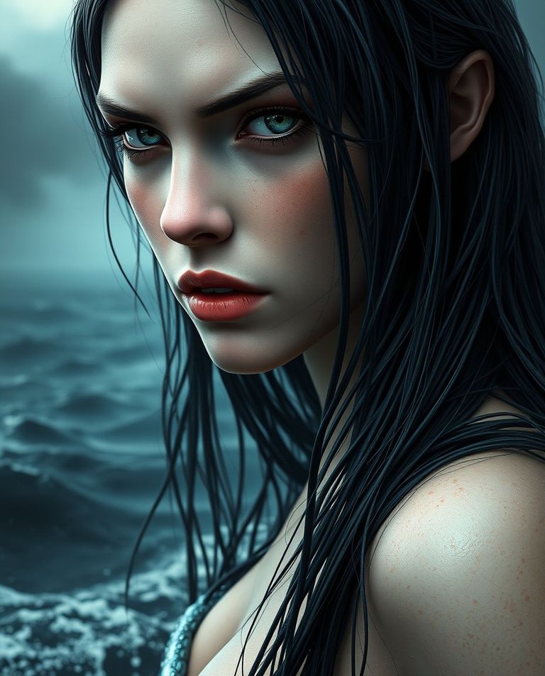 A hyperrealistic digital rendering of a sea nymph with pale skin and long, wet dark hair.  Her captivating, intense gaze holds both allure and threat.  The background features a dramatic stormy sea with cool color .jpg