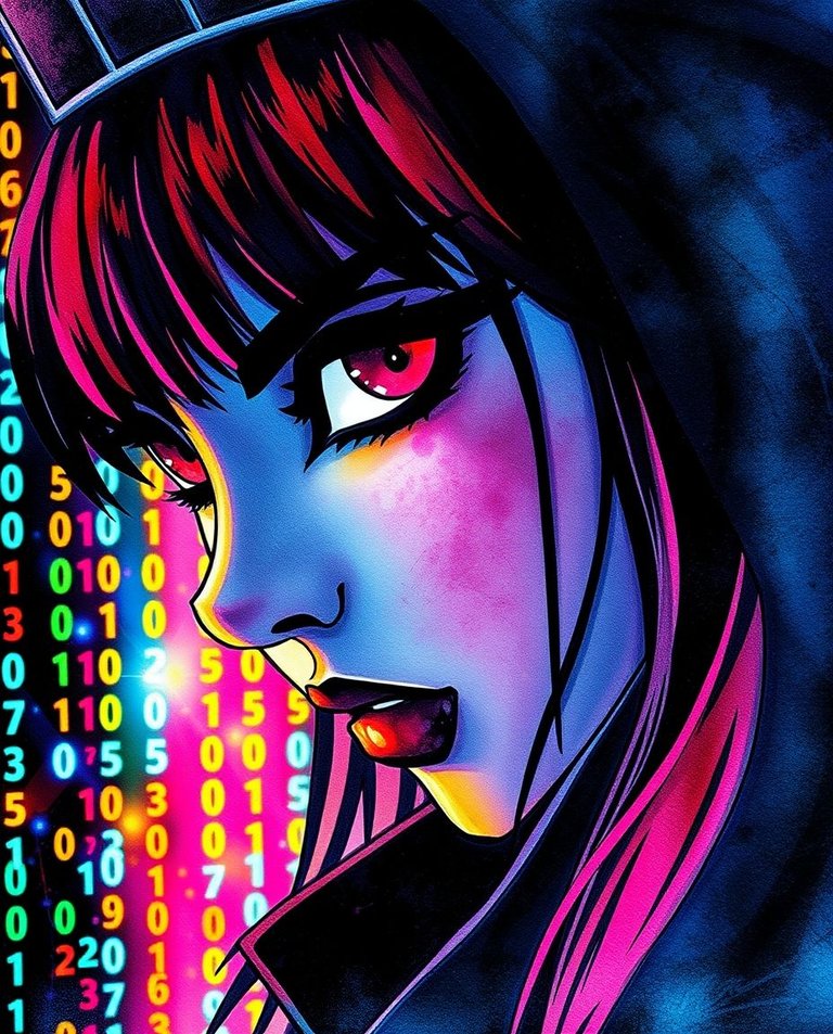 A tight close-up watercolor painting shows intricate details of the Shadow Princess of Cyberspace, her silhouette against vibrant, electric digital codes. Her intelligent, mischievous eyes are the focal point.  Int.jpg