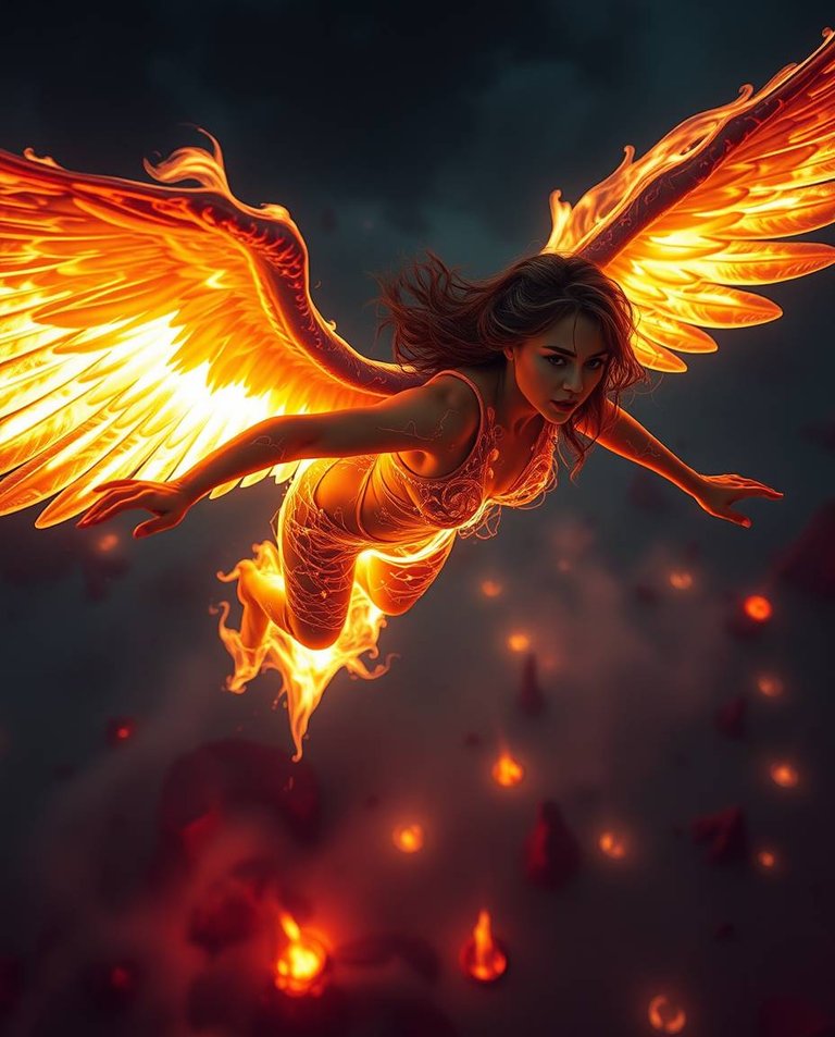 High-angle, dreamlike surreal image of a winged woman with a liquid fire form, soaring through a bizarre landscape.  Volumetric lighting illuminates her form, featuring Lily-Rose Depp-esque features. Glowing desert.jpg