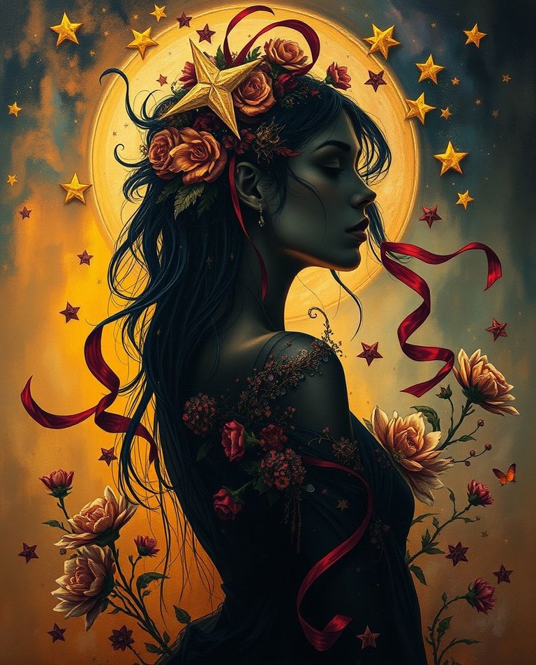 Silhouetted woman with tan skin, surrounded by stars, flowers, and ribbons, rendered in a classic oil painting style with triadic colors.  Intricate gothic details, surreal and abstract elements, backlighting, 8k r.jpg