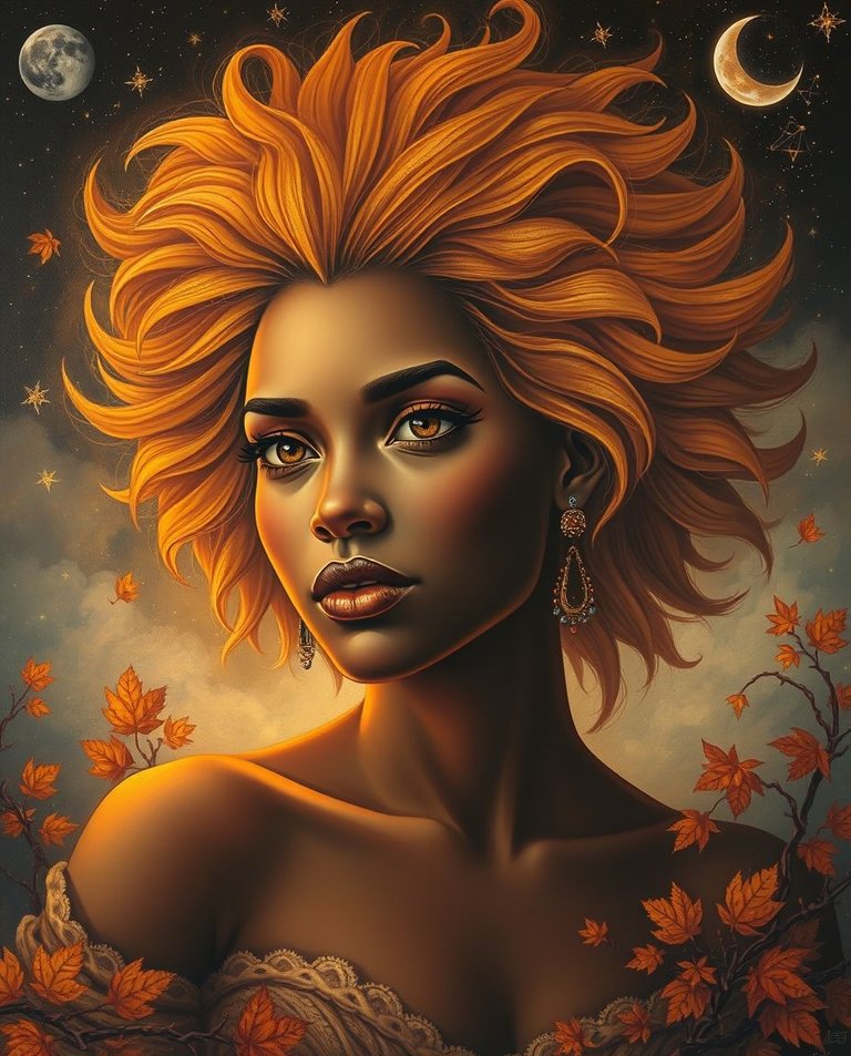 Acrylic painting in a surreal style with warm autumnal colors.  The artwork centers on a strong woman with dark brown skin and a golden-brown lion's mane hairstyle.  She is bathed in the glow of the Leo constellati.jpg