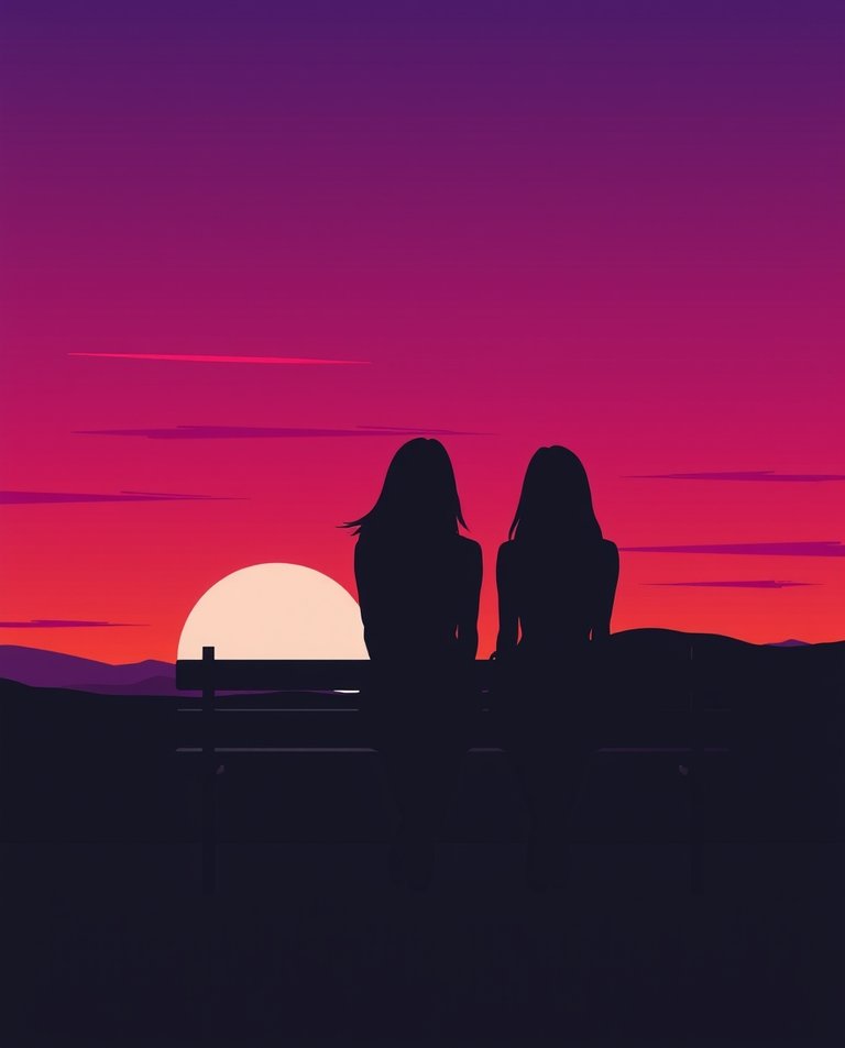 Modern flat design featuring a vibrant sunset landscape. Two silhouetted women are seated on a bench, their backs to the camera.  The sky is purple, pink, and orange.  Simple shapes and high contrast create visual .jpg