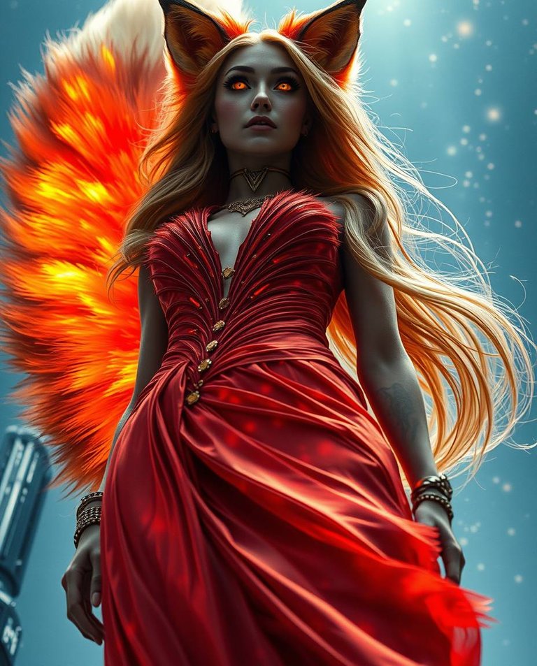 Low-angle perspective, futuristic sci-fi style. A woman, once a fox, with fiery red and gold fur transitioning into a flame-silk gown, retains wild essence. Amber eyes glow otherworldly. A luminous tail trails behi.jpg