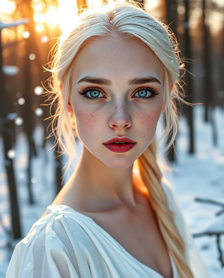 Close-up shot, warm golden hour light. A slender winter goddess with icy-blue eyes, triangular face, thin lips, and pale, freckled skin, stands in a snow-covered forest. Her platinum-blonde hair glistens, snowflake.jpg