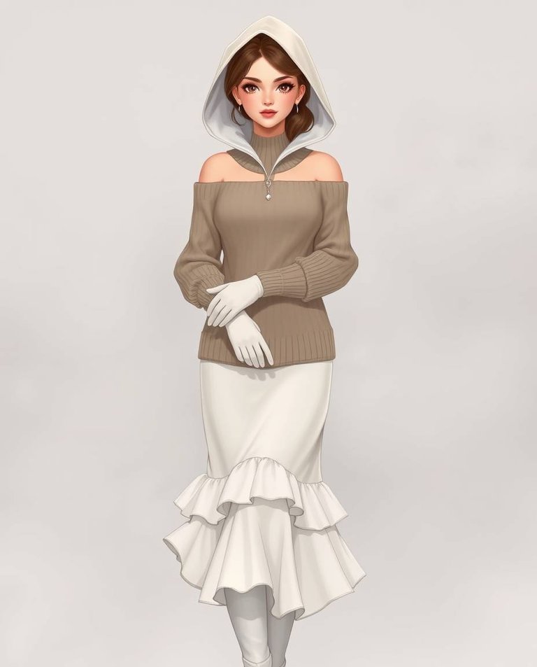 A full-body realistic illustration of a graceful woman with refined features, soft pink lips, and long eyelashes.  She wears an off-shoulder sweater, elegant white frilled skirt, long gloves, and white boots, her h.jpg