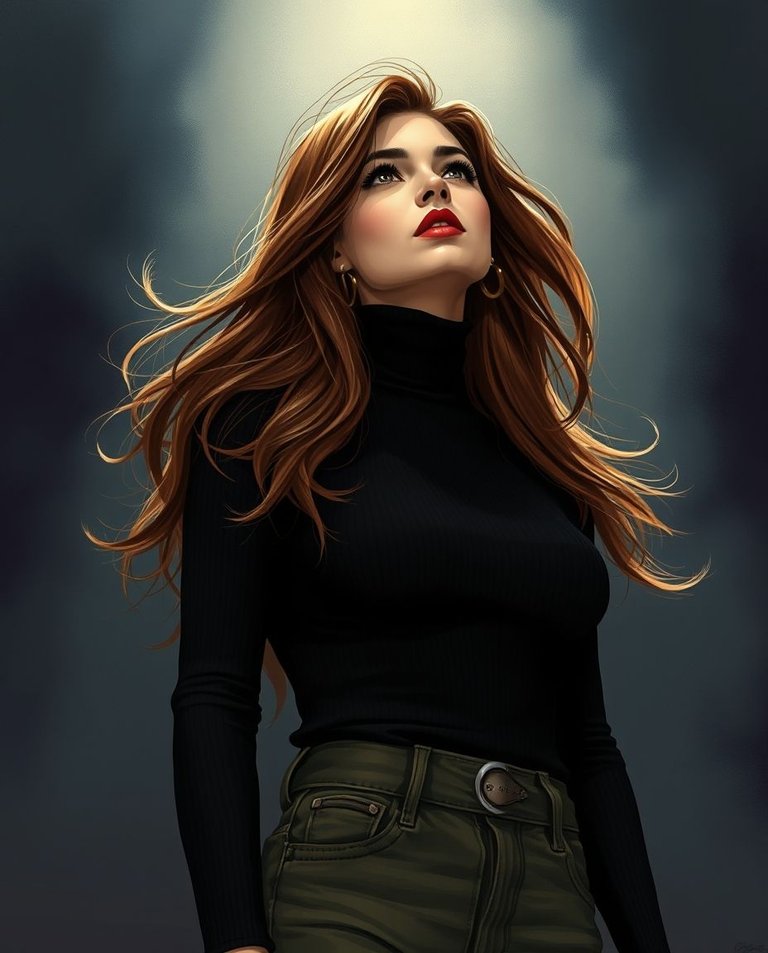 Luis Royo style illustration.  A  Lebanese woman with flowing brown hair and intense red lips, in a black turtleneck and olive jeans.  She gazes upward, against a softly focused, dark background. Cinematic lighting.jpg