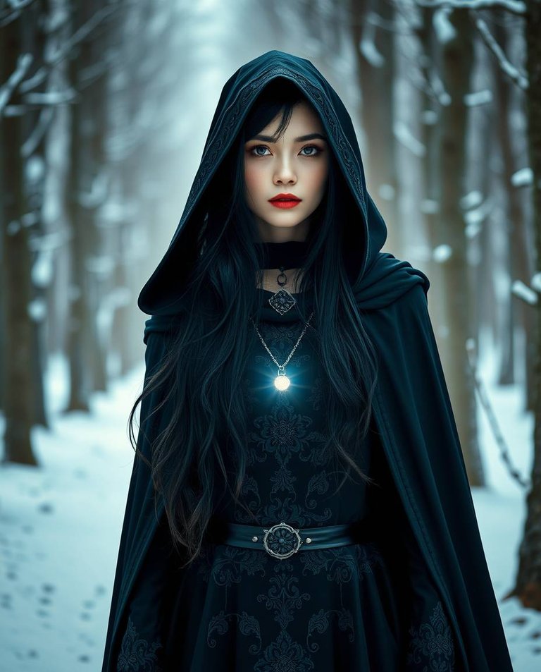 8K image.  A 25-year-old woman with long black hair, wearing a black gothic dress and hooded cloak, stands in a snowy forest.  Bright lens flare, vibrant colors, complex ornamental details, retro flair, white backg.jpg