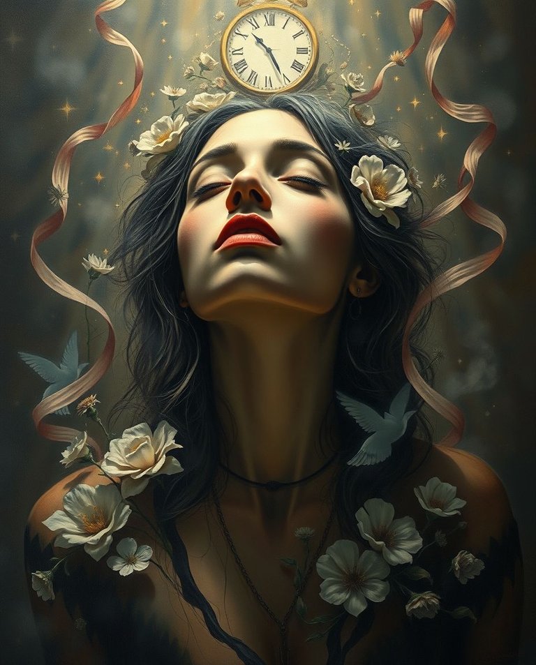 Volumetric lighting creates an eerie atmosphere.  A woman with tan skin is surrounded by time, stars, flowers, and ribbons.  Oil painting, 8k resolution, heavy strokes, dark tones, unsettling details, visible light.jpg