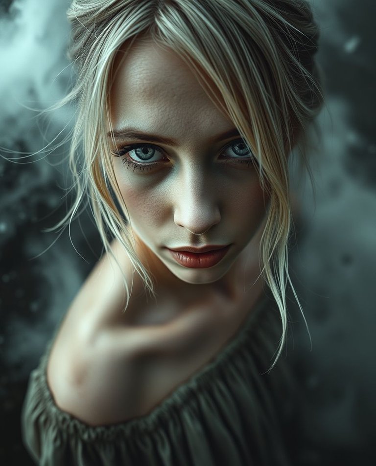 Extreme close-up of a beautiful woman with light hair and gray eyes, in a long dress, dissolving into stormy mist. Dramatic weather, high tension, and minimal subject detail create intense foc.jpg