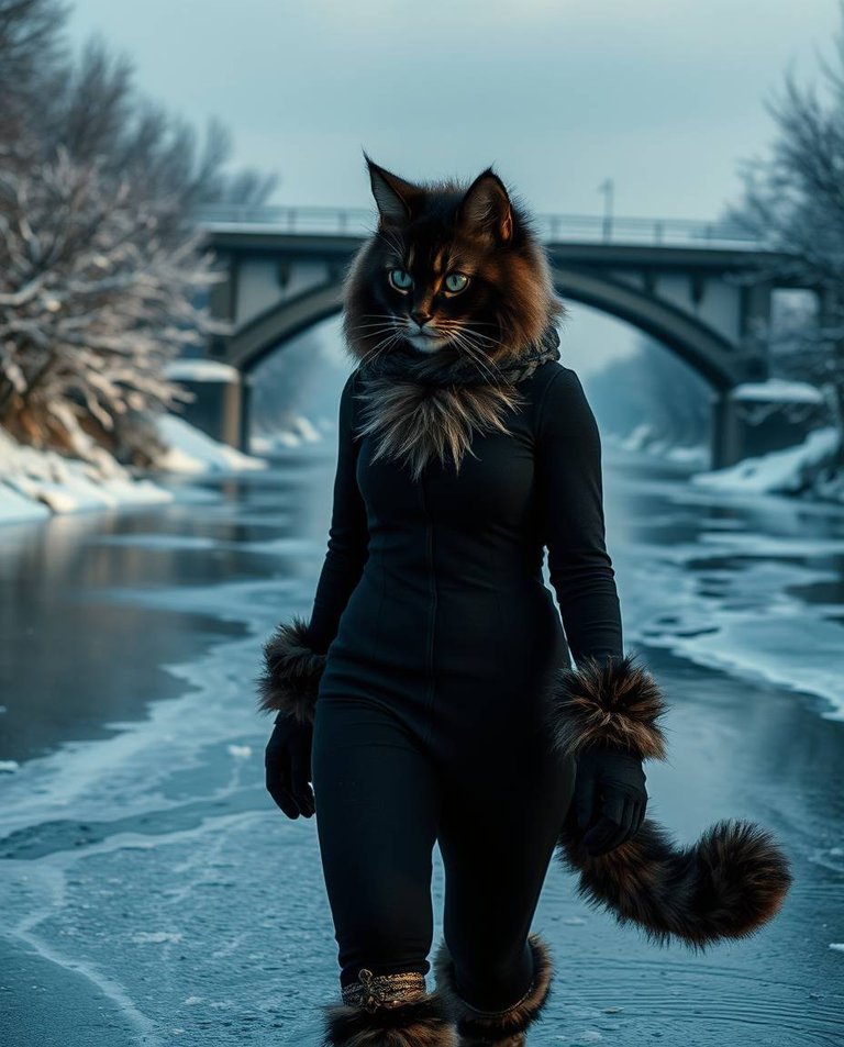 A high-resolution stock photo in a dramatic cinematic style, showcasing an anthropomorphic cat-woman with a fluffy tail walking on a frozen river. The scene features a bridge, snow-dusted trees, and a film-like com.jpg