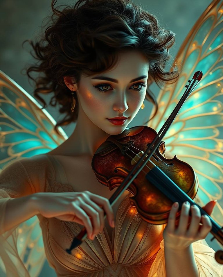 A photorealistic portrait rendered in a cast bronze surface texture with bioluminescent colors. A woman with curly brown hair, porcelain skin, and expressive brown eyes, plays an intricately carved wooden violin. S.jpg