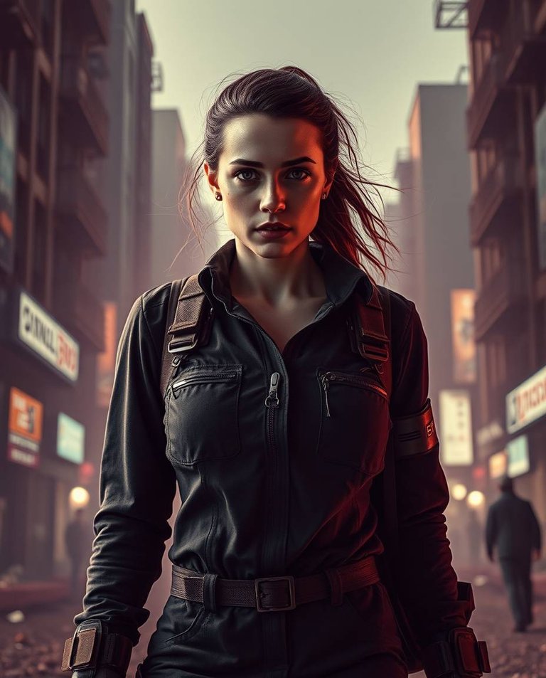 Epic, cinematic photo of a female adventurer with freckled skin and a resolute expression, in a dark jumpsuit.  Surreal infrared tones, futuristic elements, lens glow, massive scale, heroic proportions.  She walks .jpg