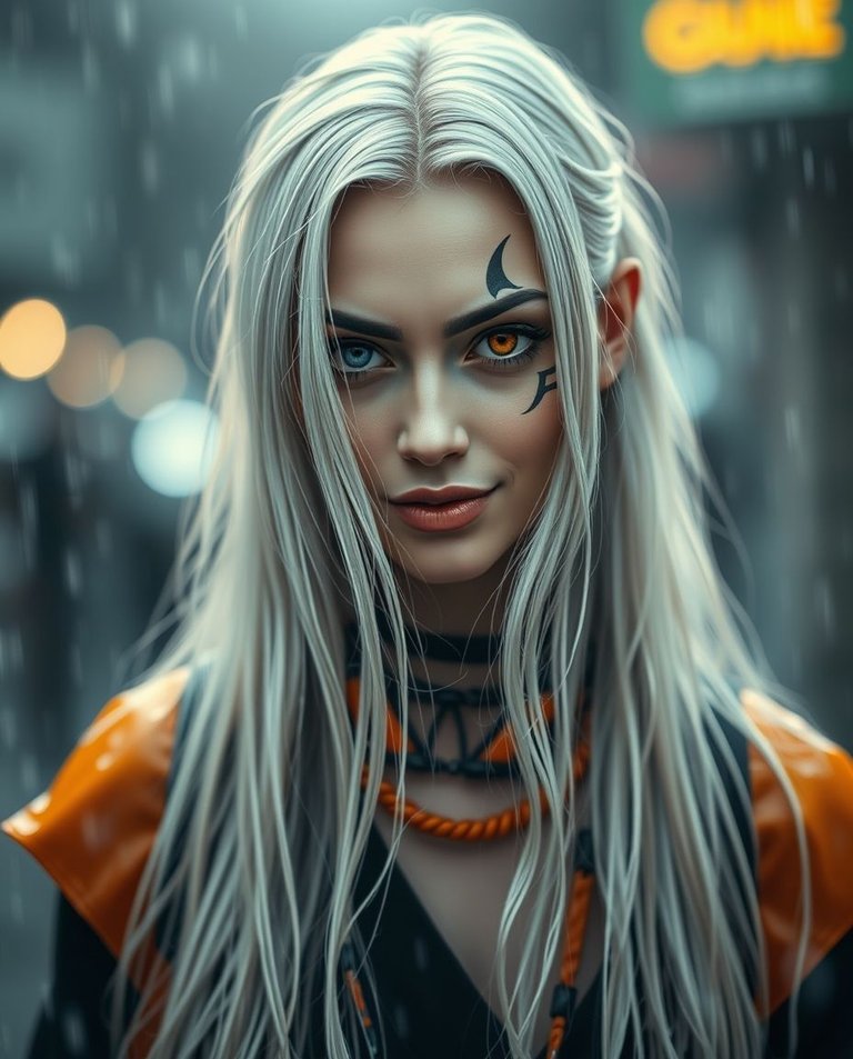 A photorealistic image with a blurred bokeh effect, set in a rainy scene. Features a woman with long, flowing white hair, light skin, one blue eye, one amber-orange eye, and a black face tattoo. She has a mischievo.jpg