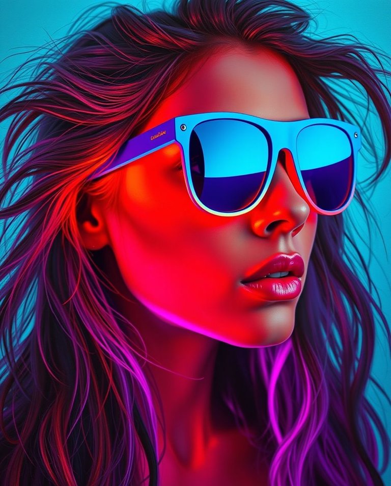 A classic oil painting, in extreme macro close-up, of a full body bioluminescent woman with long, messy wavy hair wearing blue sunglasses. The futuristic retro vaporwave style incorporates vibrant crimson, amber, c.jpg