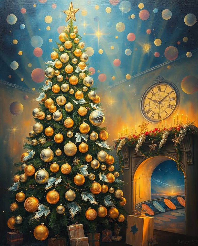 Oil painting with creative light art.  Surreal Christmas scene, artistic lighting, and abstract patterns.  A majestic Christmas tree glows with golden and silver ornaments. Warm and joyful energy radiates from the .jpg