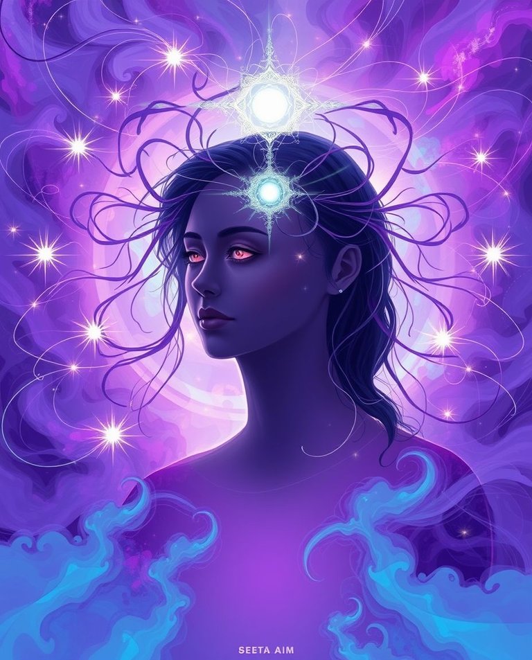 A digital painting depicts a woman’s silhouette centered in an iridescent swirling mist. Her calm yet powerful expression is highlighted by glowing eyes. Intricate, radiant threads extend from her form, symbolizing.jpg