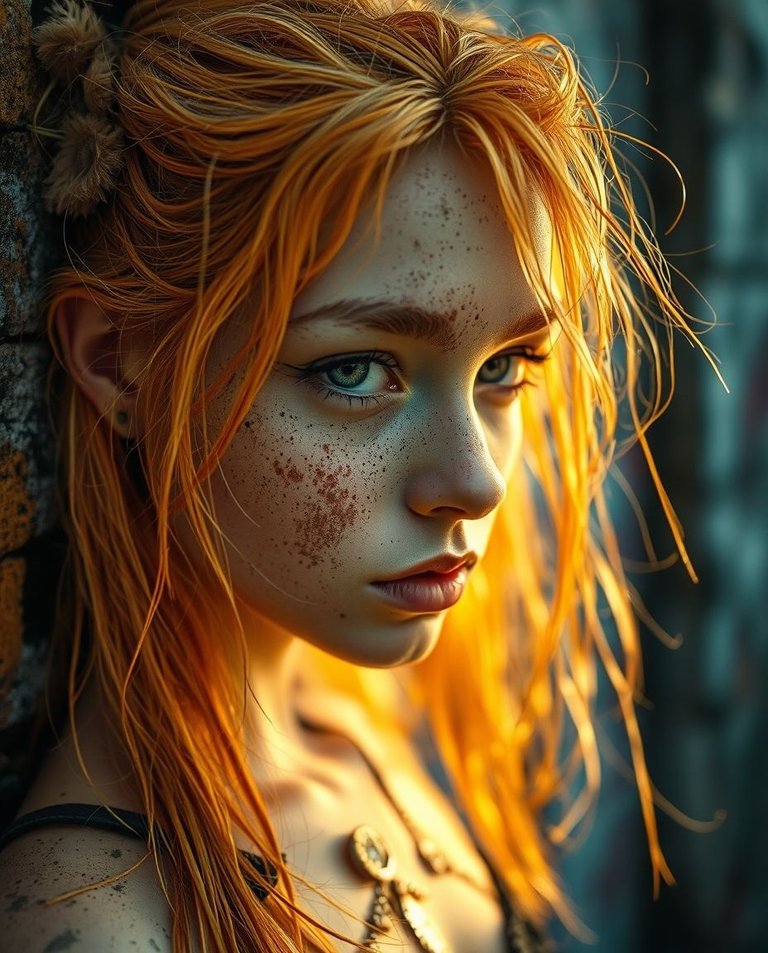 Extreme macro close-up warm golden glow professional photograph Grittily enchanting nymph with dirt-smudged cheeks, ethereal freckles, tangled neon hair against graffiti-covered walls. Cyberpunk and fantasy blend, .jpg