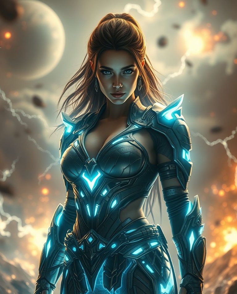 Dramatic cinematic style with gentle, soft light. A majestic warrior woman with piercing eyes and an ethereal blue aura stands amidst glowing energy. Her powerful physique is clad in futuristic armor with luminous .jpg