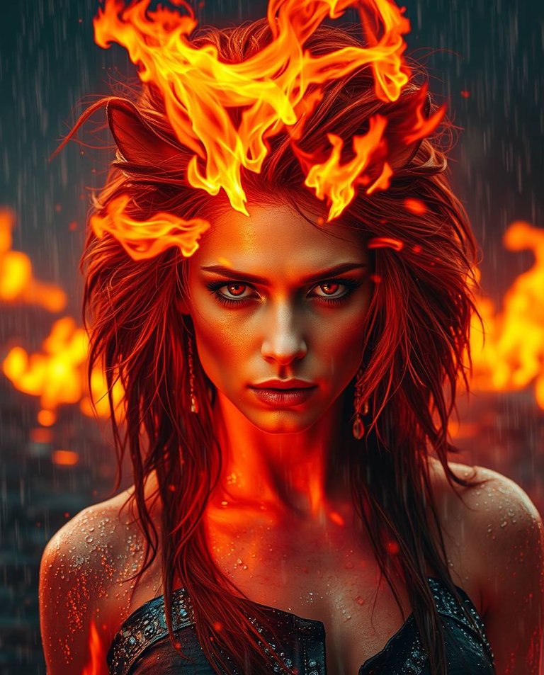 Iridescent colors wash over a wet, rainy scene a woman transforming into a lion in a scorched battlefield. Molten fire engulfs her, her face shifts, hair becomes a fiery mane, eyes blaze. Rain drizzles, surfaces re.jpg