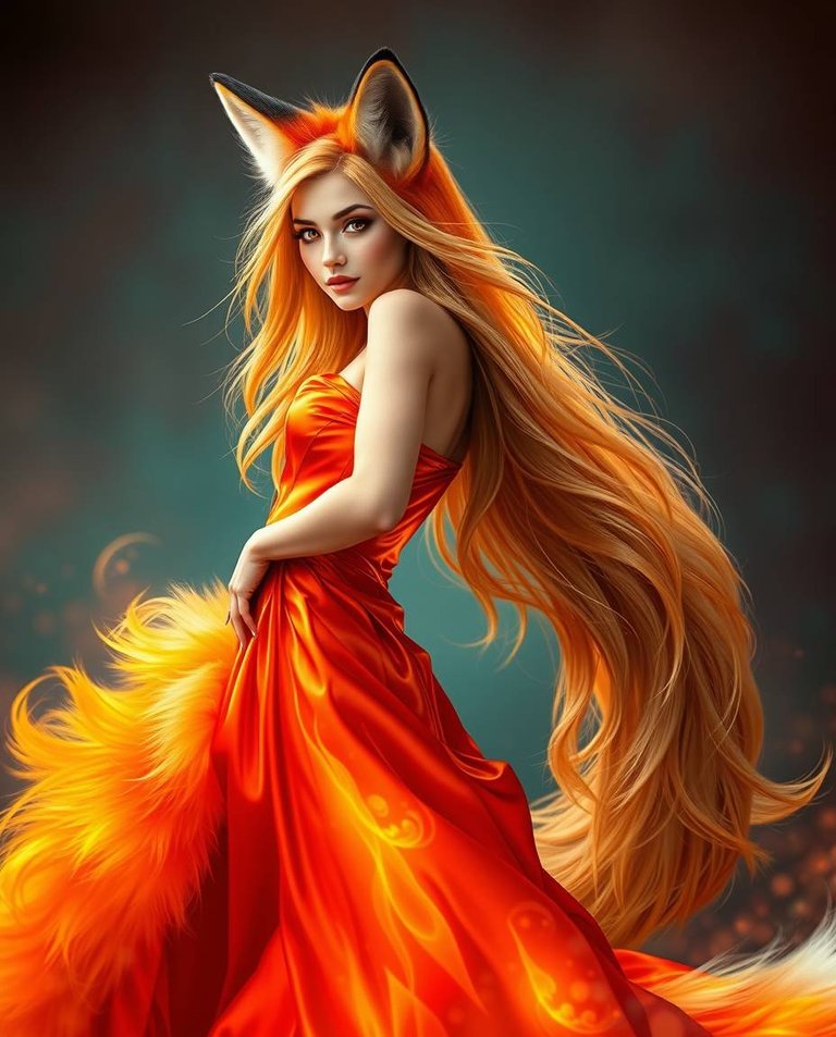 Bright vibrant colors, a woman transforming from a fox, fiery red and golden fur shifting into a flame and silk gown. Her amber eyes glow, a luminous tail trails behind her. Long silky golden hair cascades. Lively .jpg