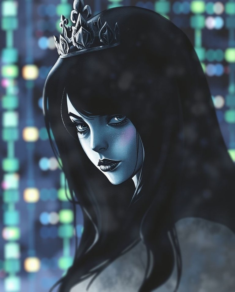 A watercolor painting featuring the Shadow Princess of Cyberspace, her silhouette shrouded in darkness against iridescent digital codes.  The painting uses a blurred bokeh effect, strong hard light, sharp subject f.jpg