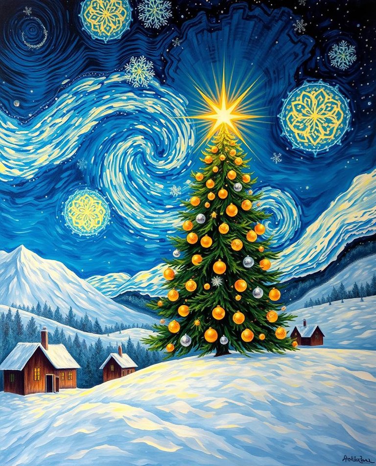 Oil painting in the style of Van Gogh's Starry Night, depicting a surreal Christmas scene with strong, hard light and defined shadows. A central Christmas tree with golden and silver ornaments radiates warm light. .jpg